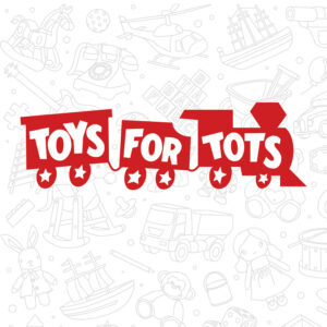 Toys for Tots charity logo with illustrated toy background, promoting holiday toy donations