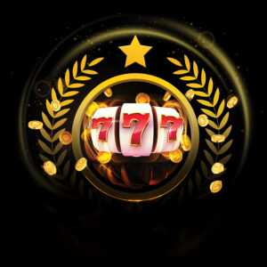 Jackpot 777 slot machine illustration with gold coins and glowing laurel graphics at Turtle Creek Casino.